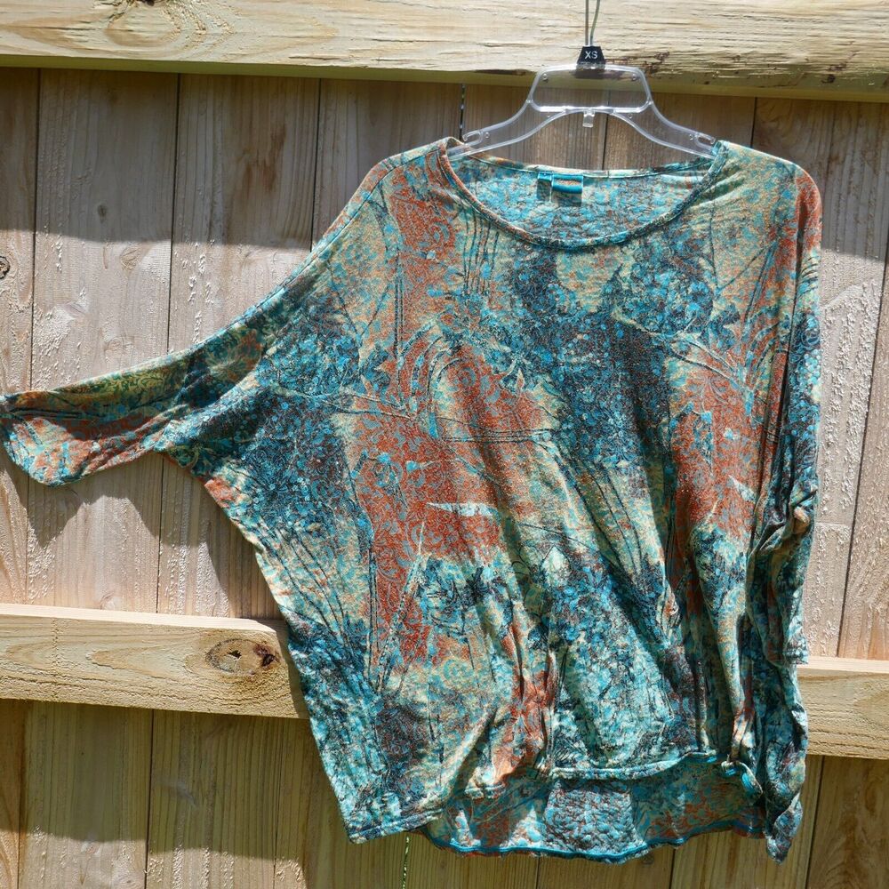 Tianello Chili Blouse Oversize Tunic Dolman Sleeve USA Small Floral Cotton Blend